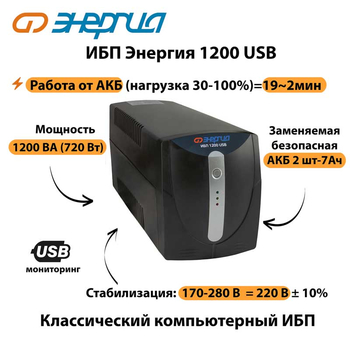 Энергия ИБП 1200 USB - ИБП и АКБ - ИБП для компьютера - Магазин электрооборудования для дома ТурбоВольт